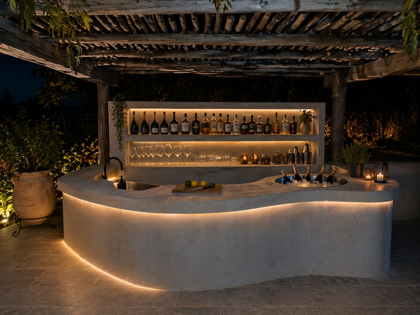 Bar extérieur en béton ciré sous pergola en bois, réalisé par Irimia Rénovation