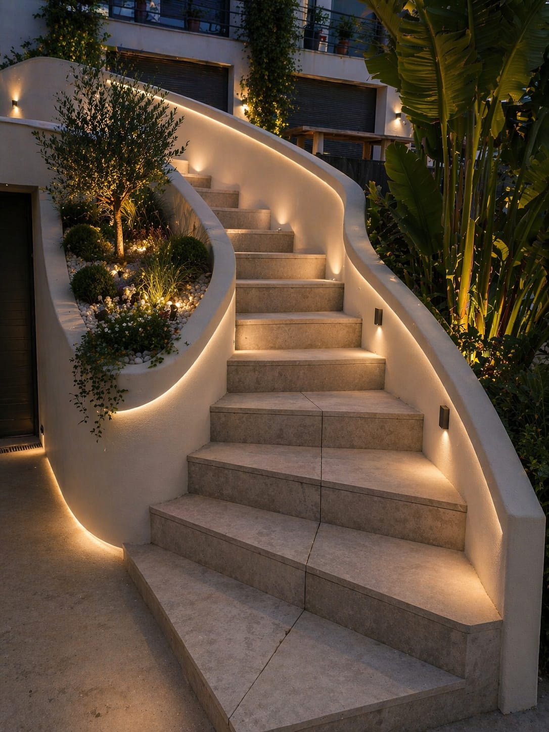 Escalier extérieur incurvé en béton avec ruban LED, réalisé par Irimia Rénovation