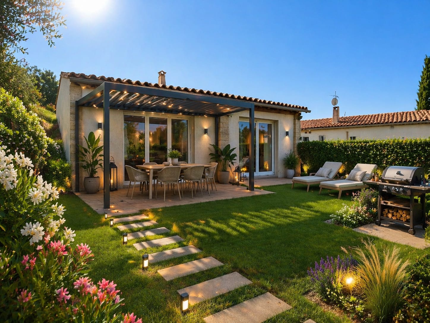 Villa avec pergola et jardin paysager réalisée par Irimia Rénovation